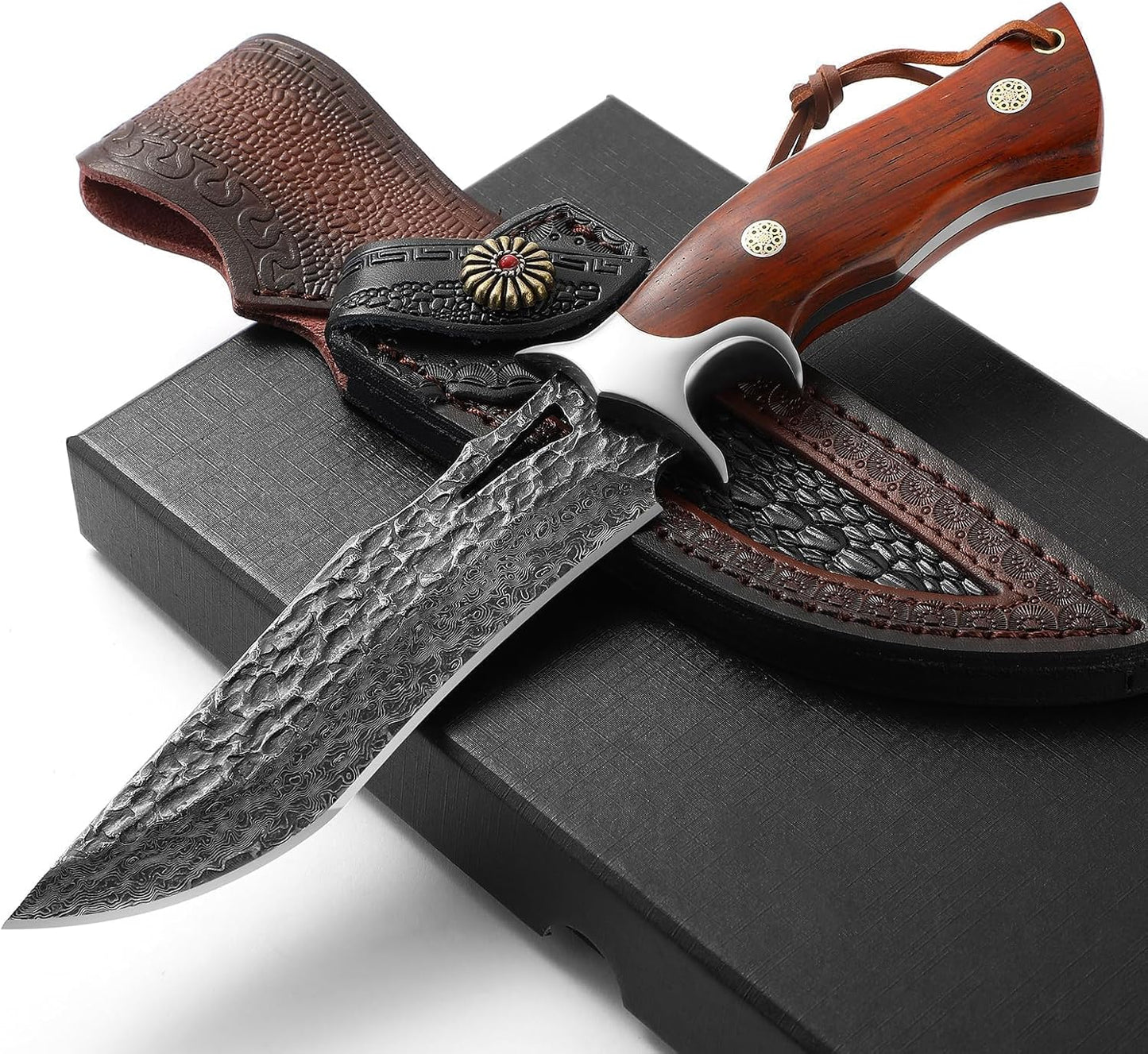 Damascus Hunting Knife - Fixed Blade Wooden Handle Hunting Knife - Damascus Steel Camping knives Comes with a Holster White Hills Knives