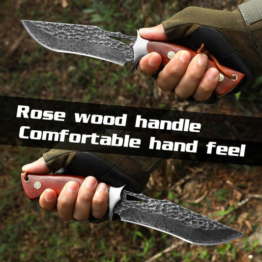 Damascus Hunting Knife - Fixed Blade Wooden Handle Hunting Knife - Damascus Steel Camping knives Comes with a Holster White Hills Knives