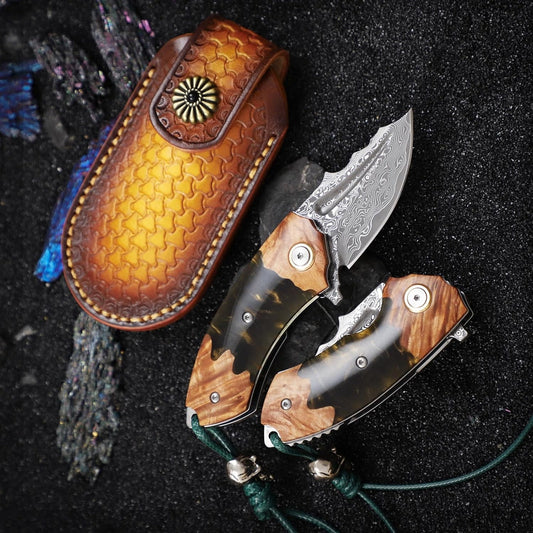 Handmade Japanese Damascus Steel Pocket Knife - EDC Folding Knife With Leather Sheath - Resin and Maple Handle White Hills Knives