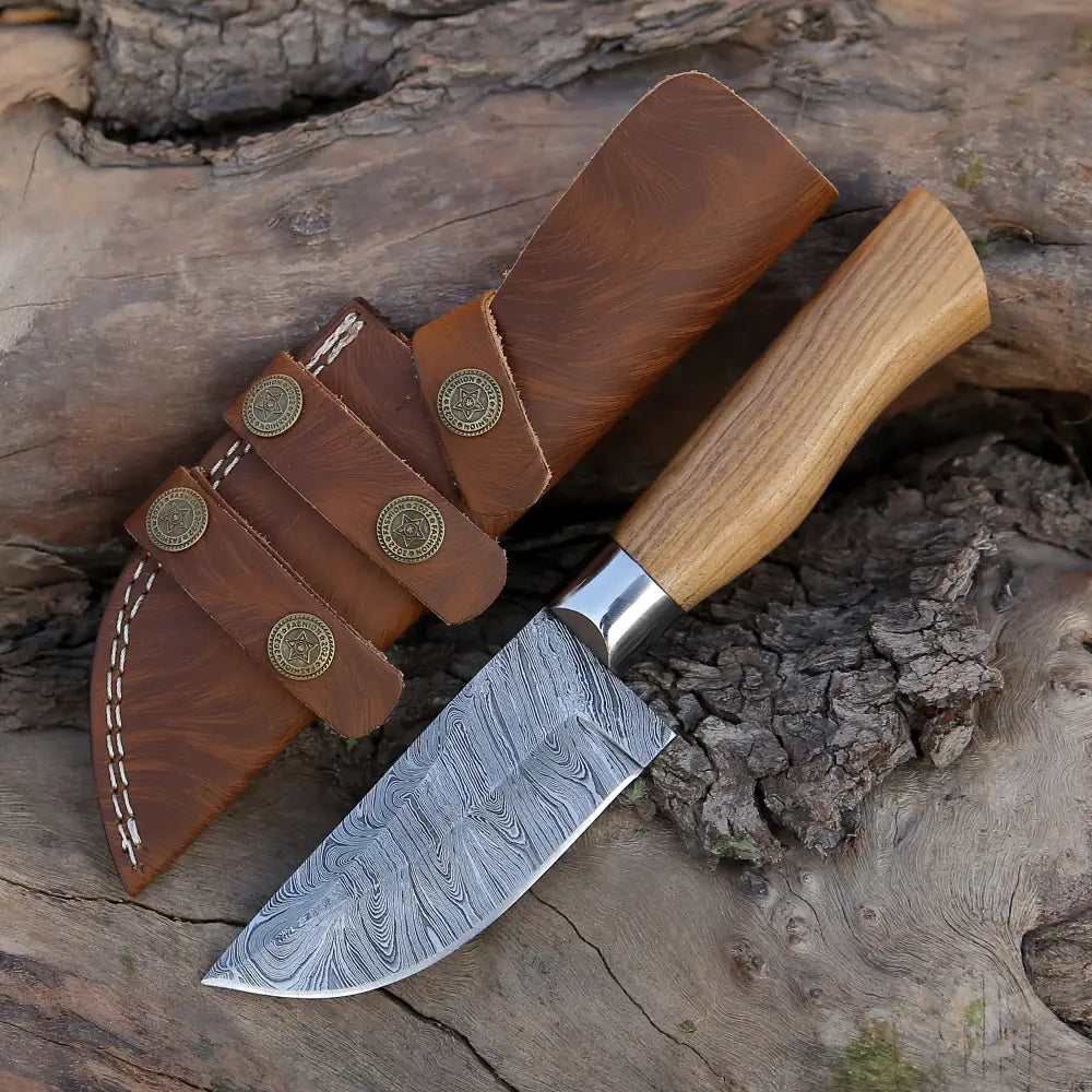 9.5” Hand Forged Damascus Steel Skinner Knife - Olive Wood Handle