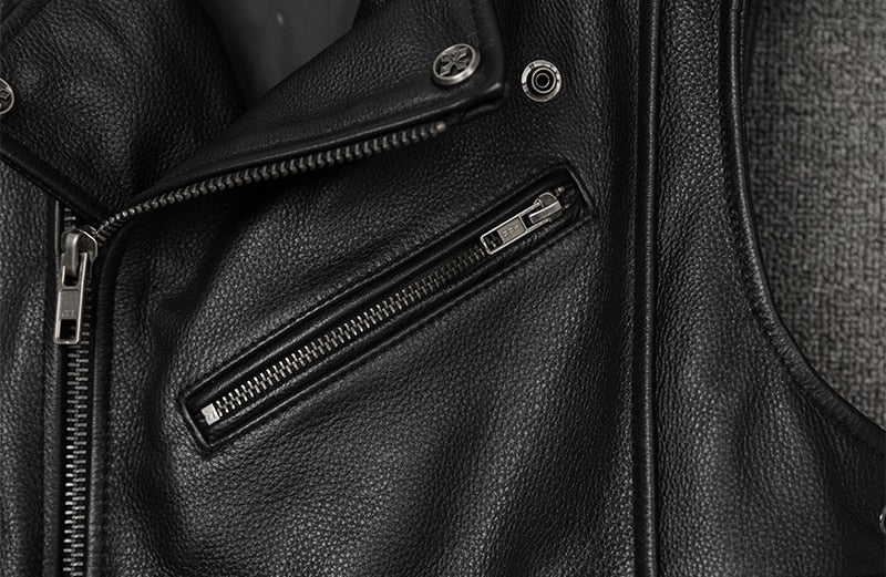 Genuine Cowhide Leather Biker Vest Oblique Zipper Motorcycle