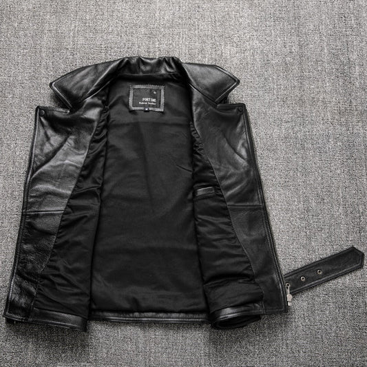 High Quality Cowhide Black Motorcycle Biker Leather Vest Men Genuine Oblique Zipper