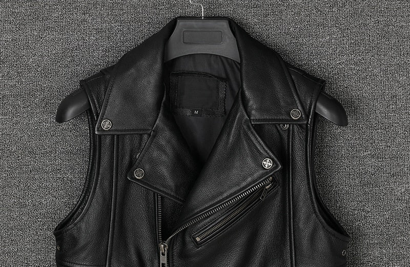 Genuine Cowhide Leather Biker Vest Oblique Zipper Motorcycle