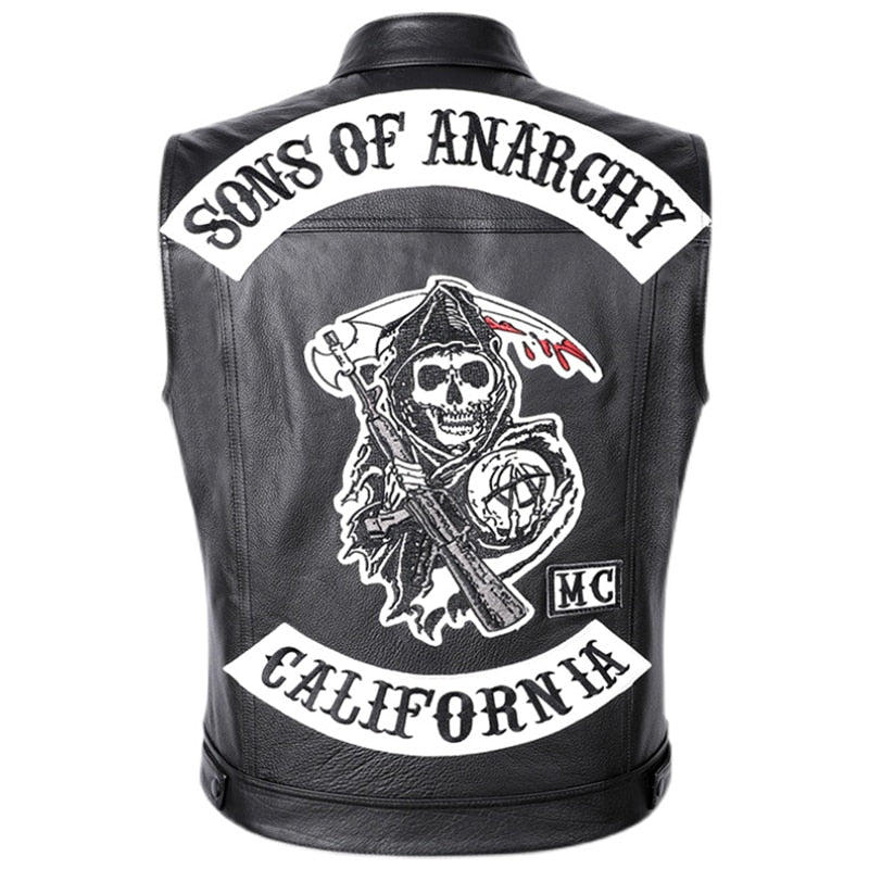 Sons Of Anarchy Classical Motorcycle Cowhide Leather Vest Black With Pattern / S