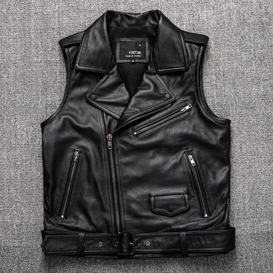 High Quality Cowhide Black Motorcycle Biker Leather Vest Men Genuine Oblique Zipper