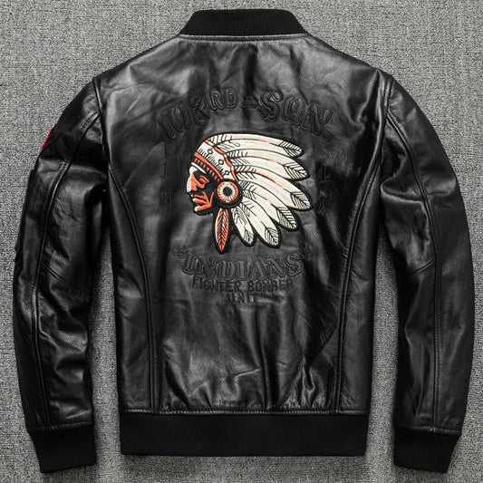 Red Indian Embroidery Baseball Cowhide Leather Jacket