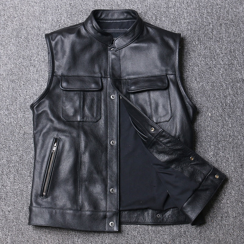 Genuine Leather Biker Cow Vest Men - 100% Real Cowhide Motorcycle