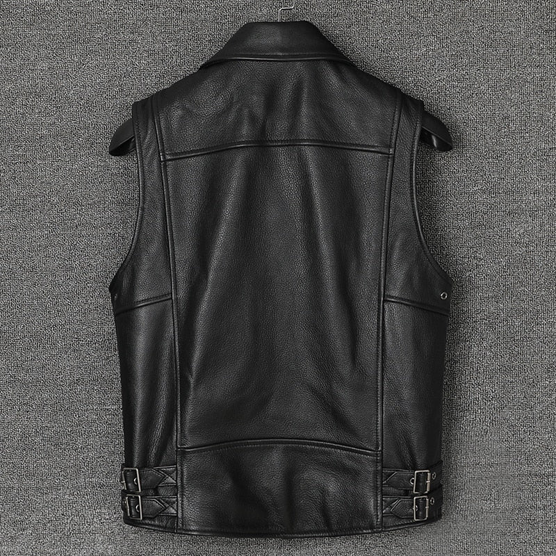 Genuine Cowhide Leather Biker Vest Oblique Zipper Motorcycle