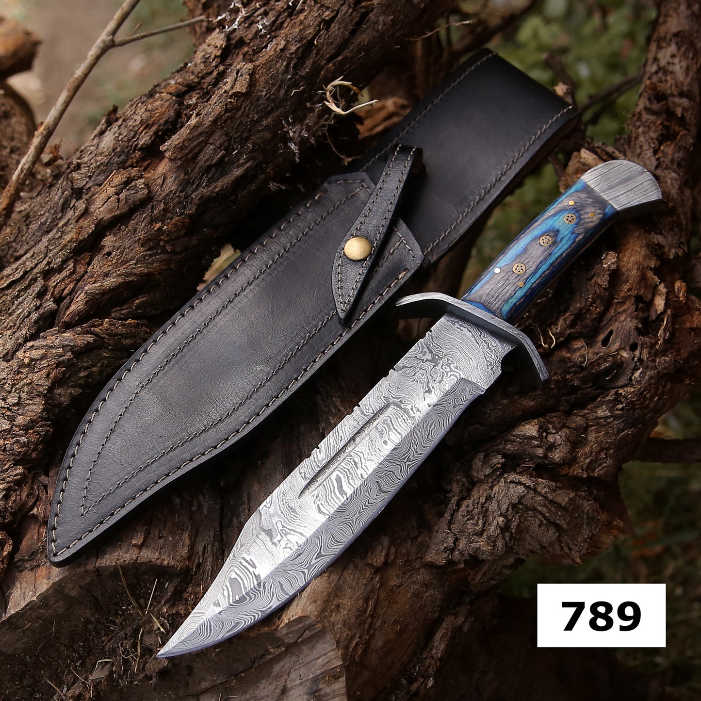 15" Handmade Damascus Steel Bowie Hunting Knife- Full Tang - Camel Bone Handle