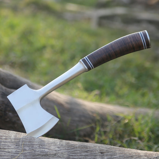 Handmade Forged Steel Axe - Camping Hatchet - Leather Wrap Handle White Hills Knives