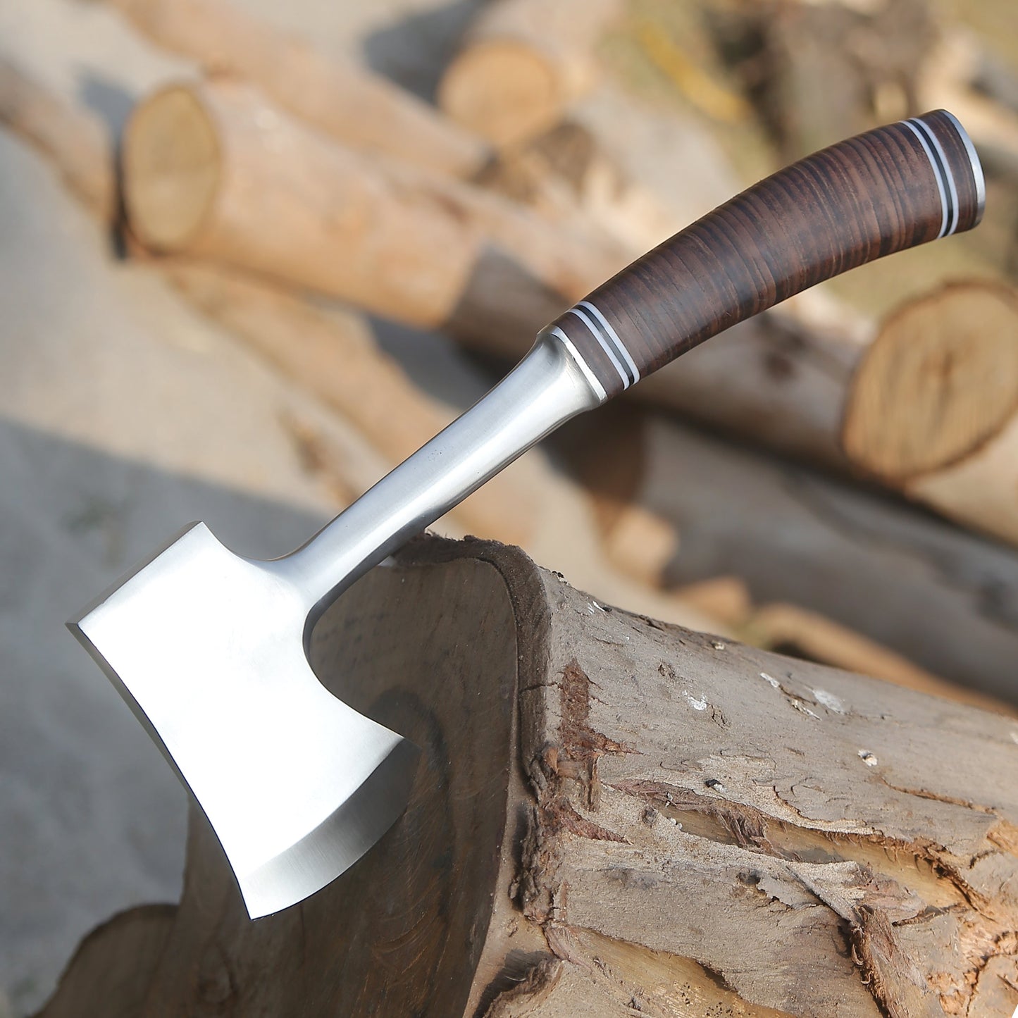 Handmade Forged Steel Axe - Camping Hatchet - Leather Wrap Handle White Hills Knives
