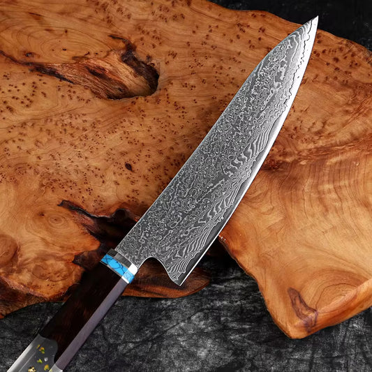 Damascus Japanese Kiritsuke Chef Knife - Resin Stabilized Wood Handle White Hills Knives