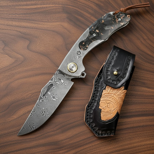 7.8" Damascus Pocket Knife with Damascus & Carbon Fiber Handle | VG 10 Steel Blade