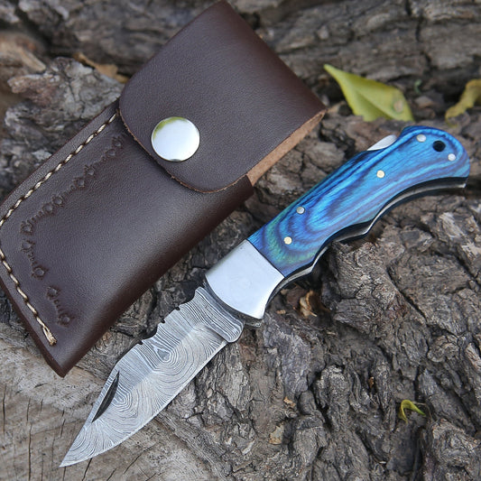 Custom Hand Forged Damascus Folding Knife With Steel Bolster & Stained Wood Handle Wh 141