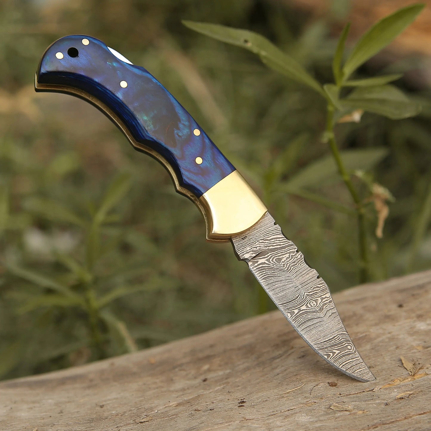 Custom Hand Forged Damascus Steel Folding Knife Stained Wood Handle Wh 1255 Blue