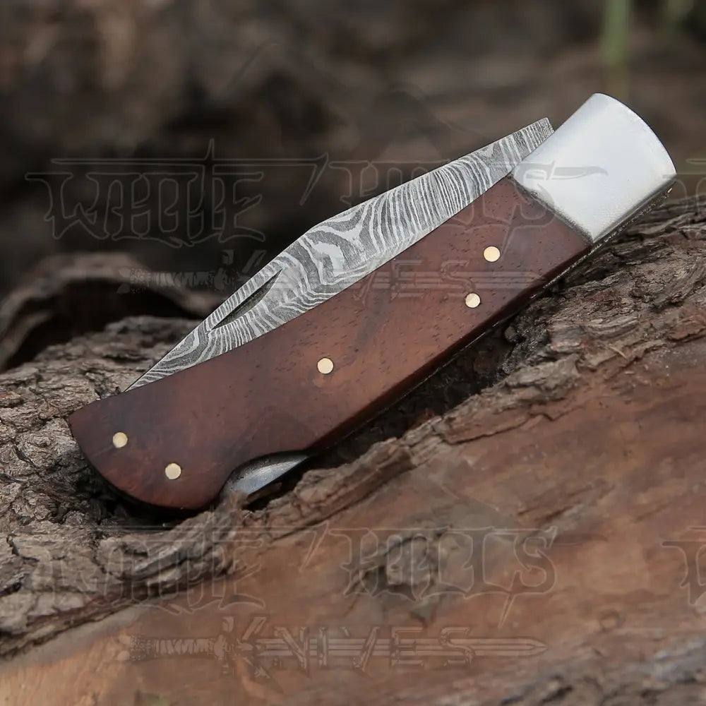 Back Lock 9 Handmade Damascus Steel Pocket Knife Dark Wood Handle Clips Folding