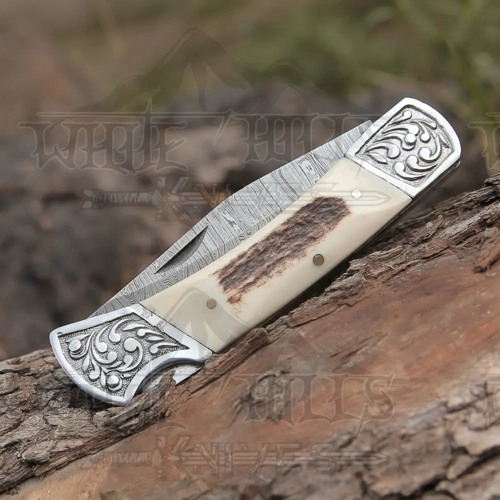 Back Lock 9 Handmade Damascus Steel Pocket Knife Stag Antler Handle Engraved Clips Folding