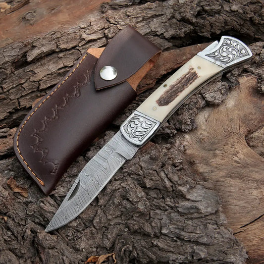 Back Lock 9 Handmade Damascus Steel Pocket Knife Stag Antler Handle Engraved Clips Folding