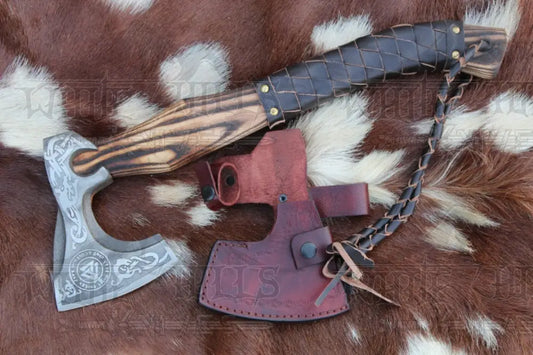 Custom Forged Carbon Steel Viking Axe With Dark Wood Shaft Bearded Camping Axe