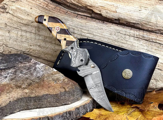 Custom Hand Forged Damascus Folding Knife Bolster With Olive & Dark Wood Handle Wh 3527