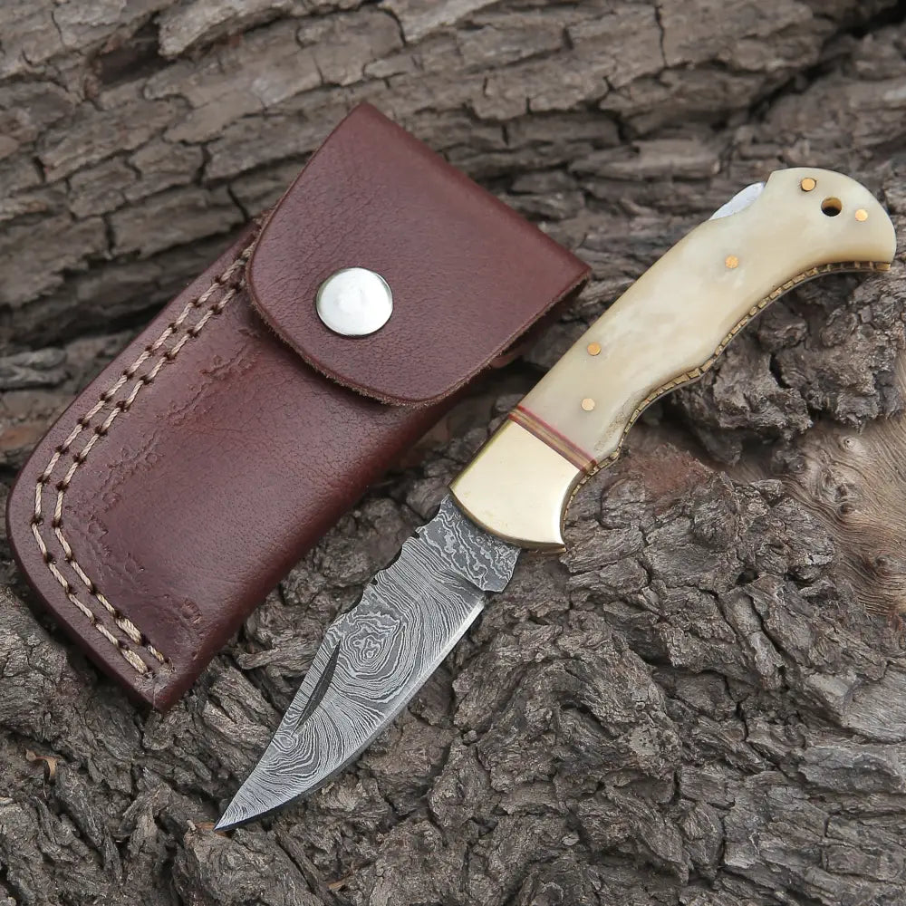 Custom Hand Forged Damascus Folding Knife Engraved Brass Bolster