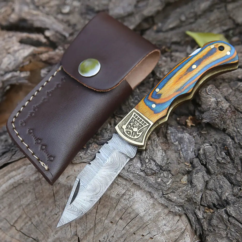 Handmade Damascus Pocket Knife with Leather Sheath