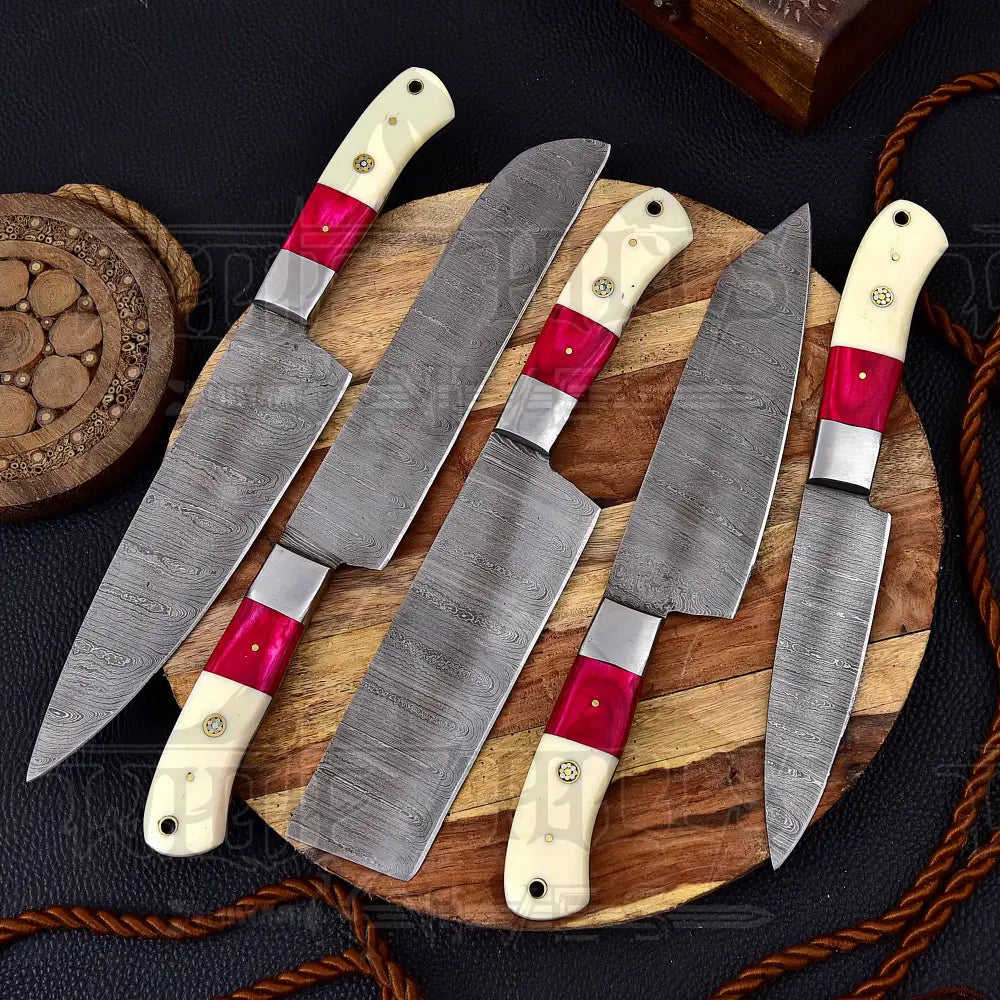 Custom Hand Made Forged Damascus Chef Knife Set Steel Bolster With Bone & Stained Wood Handle Wh