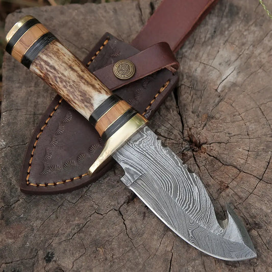 Custom Hand Made Forged Damascus Steel Gut Hook Hunting Knife With Stag Handle Wh 3749