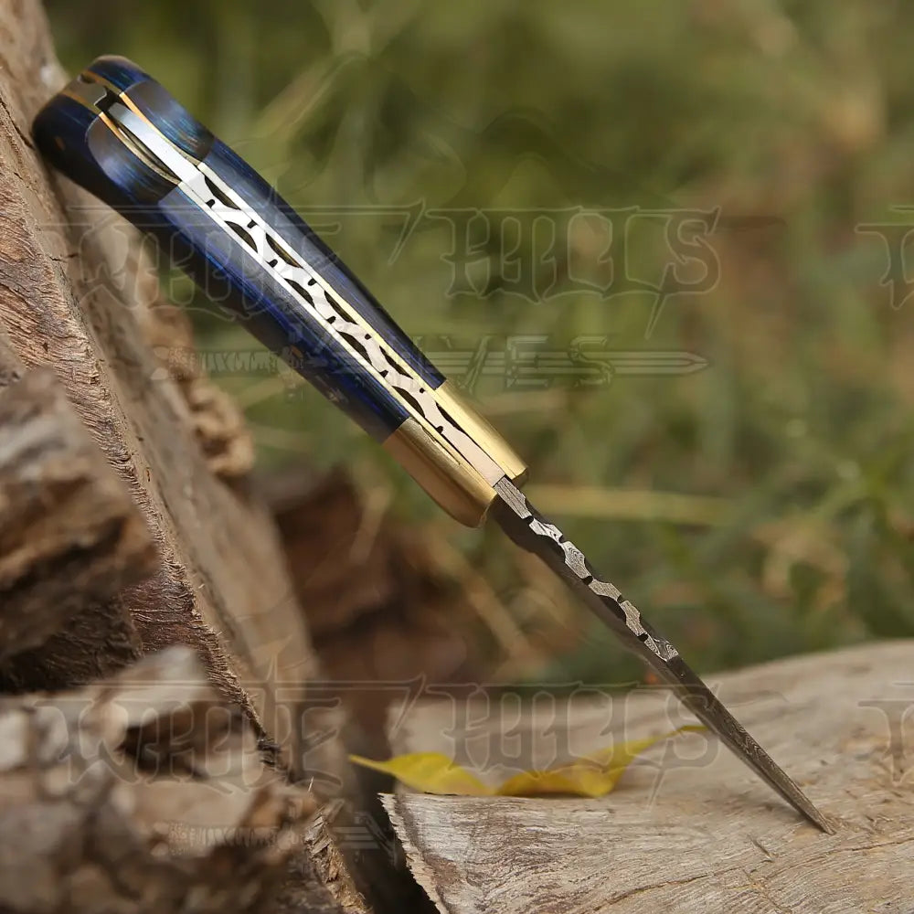 Custom Handmade Damascus Steel Pocket Folding Knife Stained Wood Handle Wh 1256