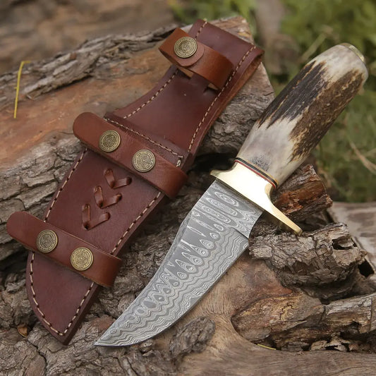 Custom Handmade Forged Damascus Steel Hunting Knife W/ Stag & Brass Guard Handle Wh 4399 Survival