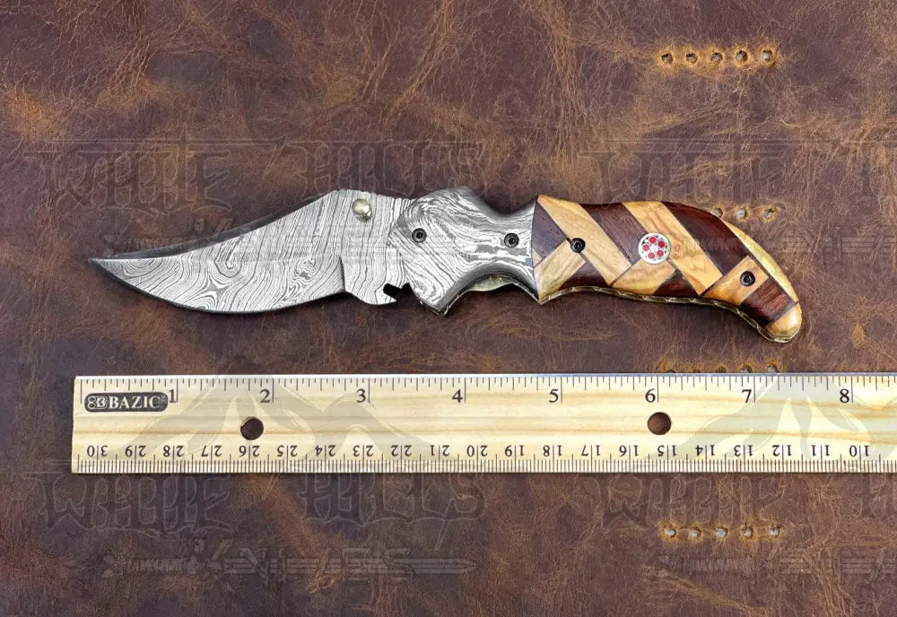 Damascus Steel Folding Pocket Knife - 7.5 Handmade Gift With Olive & Dark Wood Handle Camping