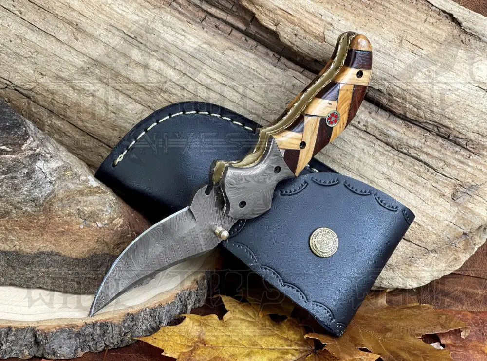 Damascus Steel Folding Pocket Knife - 7.5 Handmade Gift With Olive & Dark Wood Handle Camping
