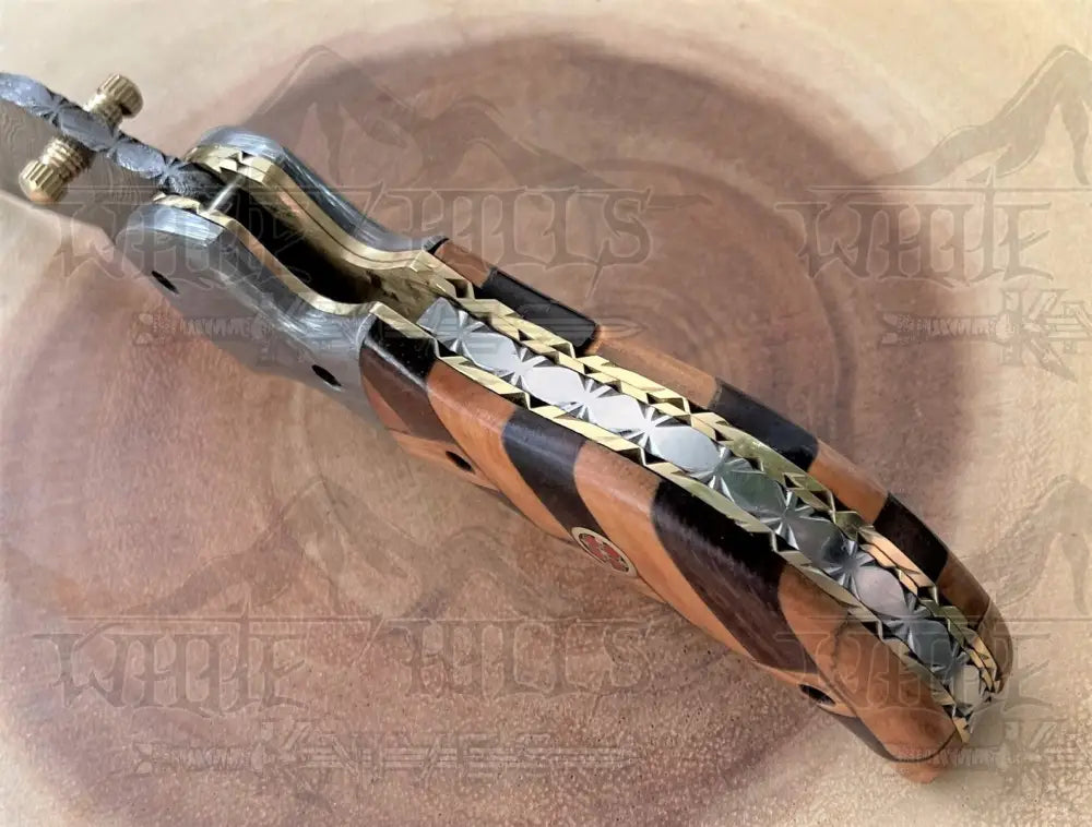 Damascus Steel Folding Pocket Knife - 7.5 Handmade Gift With Olive & Dark Wood Handle Camping