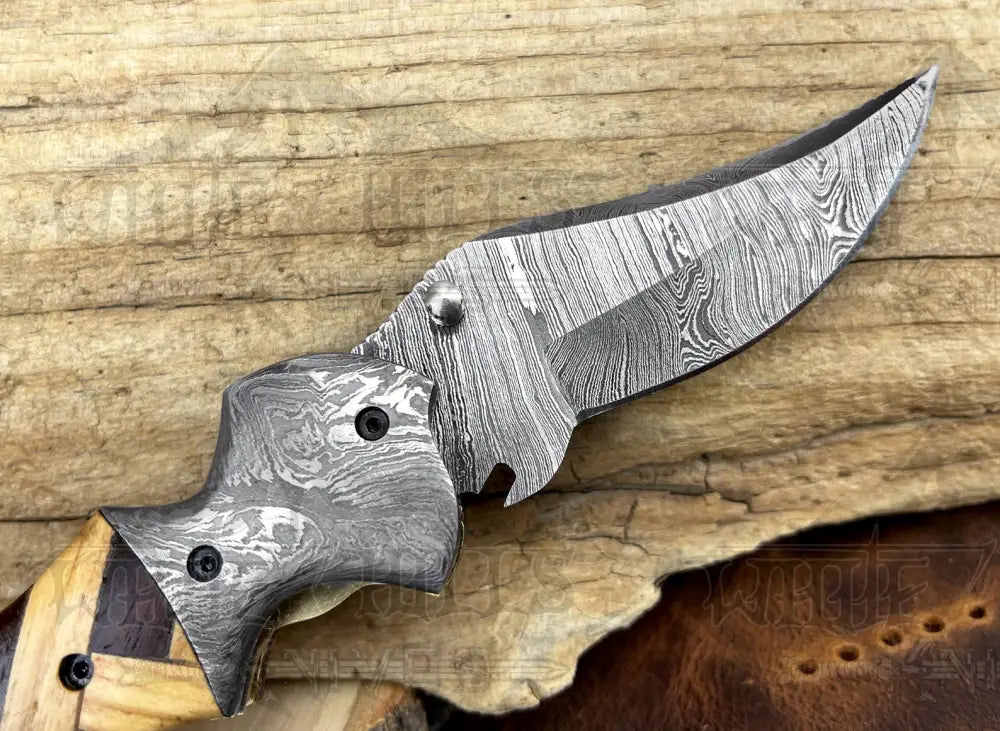 Damascus Steel Folding Pocket Knife - 7.5 Handmade Gift With Olive & Dark Wood Handle Camping