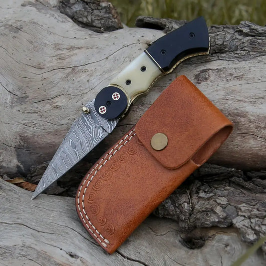 Damascus Steel Folding Pocket Knife - 8 Handmade Gift With Camel Bone & Resin Handle Camping