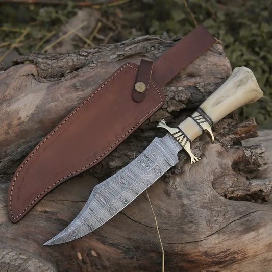 Edc Bowie Knife- Damascus Steel Edc 15 Knife Rambo With Leather Sheath & Camel Bone Handle Knife