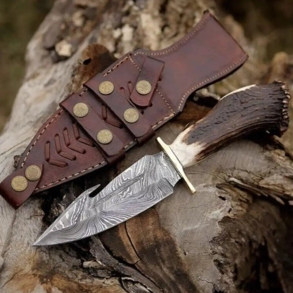 Custom handmade Damascus steel deer engraved dagger with leather sale sheath