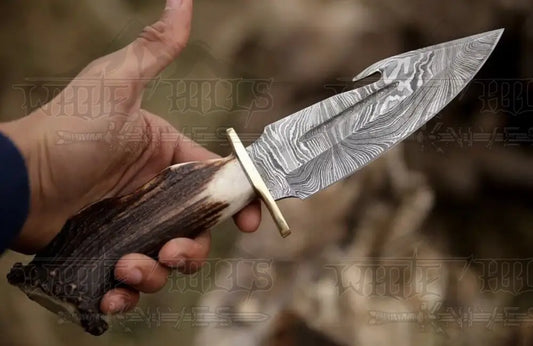Edc Handmade Forged Damascus Steel Hunting Deer Hook Knife Crown Stag Handle Skinner