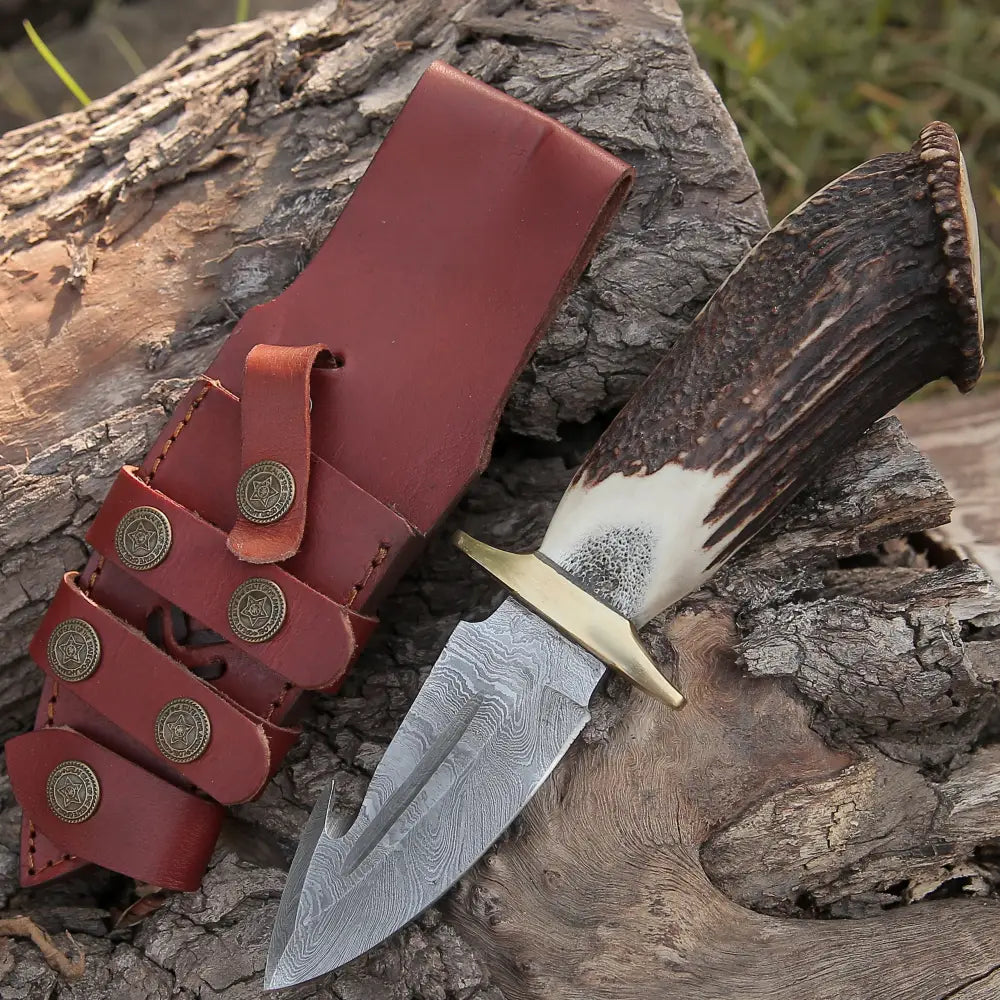 EDC Handmade Forged Damascus Steel Hunting Deer Hook Knife Crown Stag