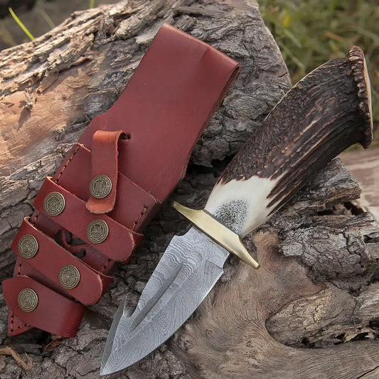 Edc Handmade Forged Damascus Steel Hunting Deer Hook Knife Crown Stag Handle Wh 4417 Skinner
