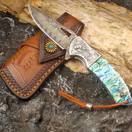 7.8" Handmade Damascus Knife - EDC Folding Pocket Knife - Resin Handle - VG10 Steel Blade White Hills Knives