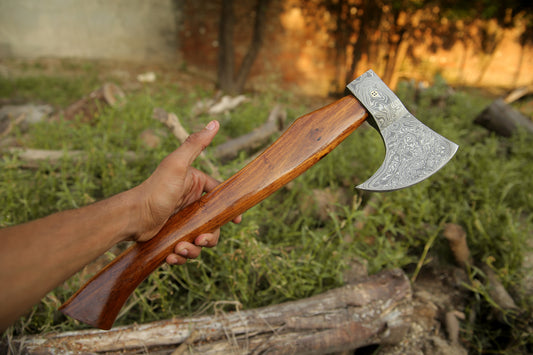 Damascus Viking Axe Steel With Leather Sheath Darkwood Handle Hatchet Camp Axe