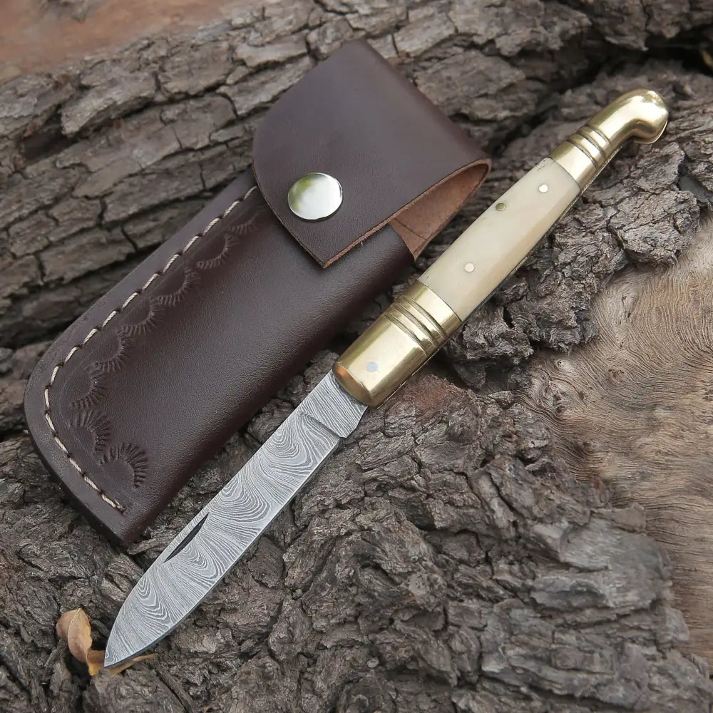 Hand Forged Damascus Steel Camel Bone Handle Pocket Knife With