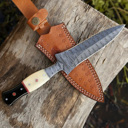 Hand Forged Damascus Steel Hunting Boot Knife With Bolster - Bull Horn & Bone Handle Boot Knife