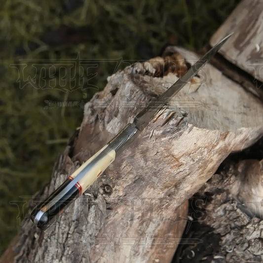 Hand Forged Damascus Steel Hunting Boot Knife With Bolster - Bull Horn & Bone Handle Boot Knife