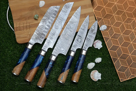 Handmade Chef Set 5 Piece Damascus Steel Knife Kitchen With Leather Cover Knives