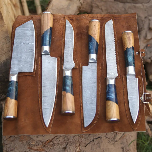 Handmade Damascus Chef Knife Set 6 Pieces Steel Kitchen With Leather Cover Knives