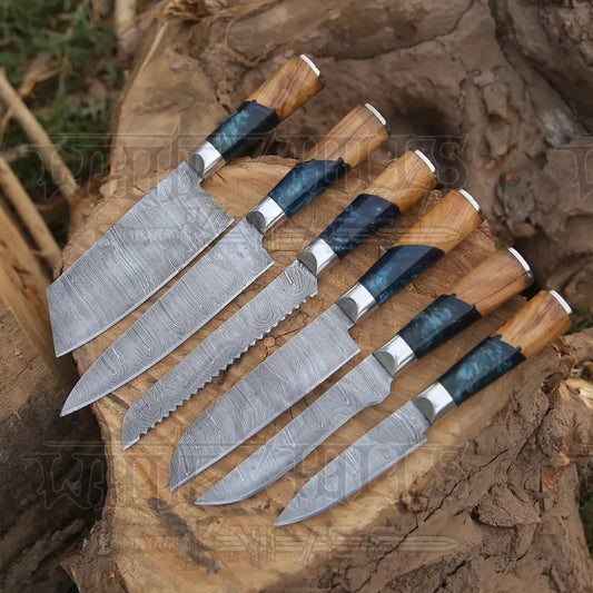 Handmade Damascus Chef Knife Set 6 Pieces Steel Kitchen With Leather Cover Knives