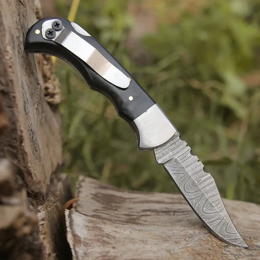 Handmade Damascus Folding Knife With Pocket Clip - 6.5 Back Lock Bull Horn Handle Camping