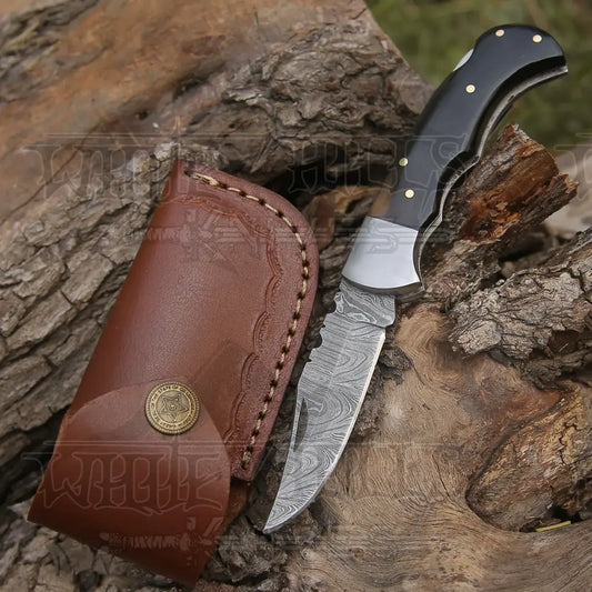 Handmade Damascus Folding Knife With Pocket Clip - 6.5 Back Lock Bull Horn Handle Camping